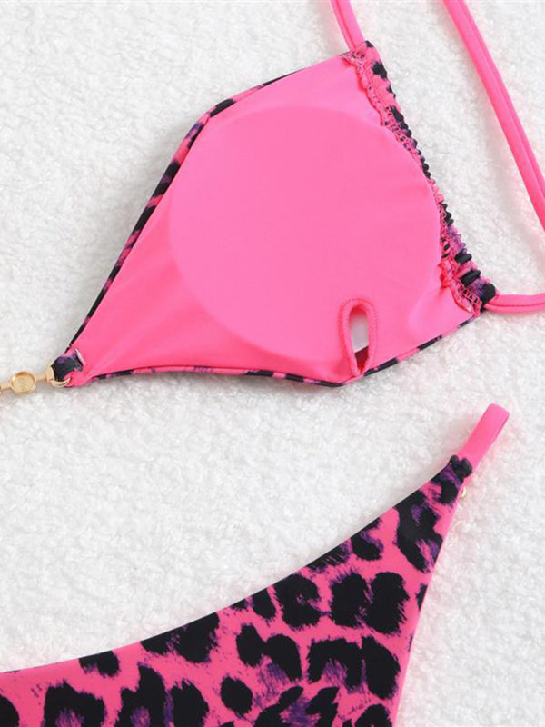 Bikinis - Three-point suspenders gathered leopard print sexy bikini