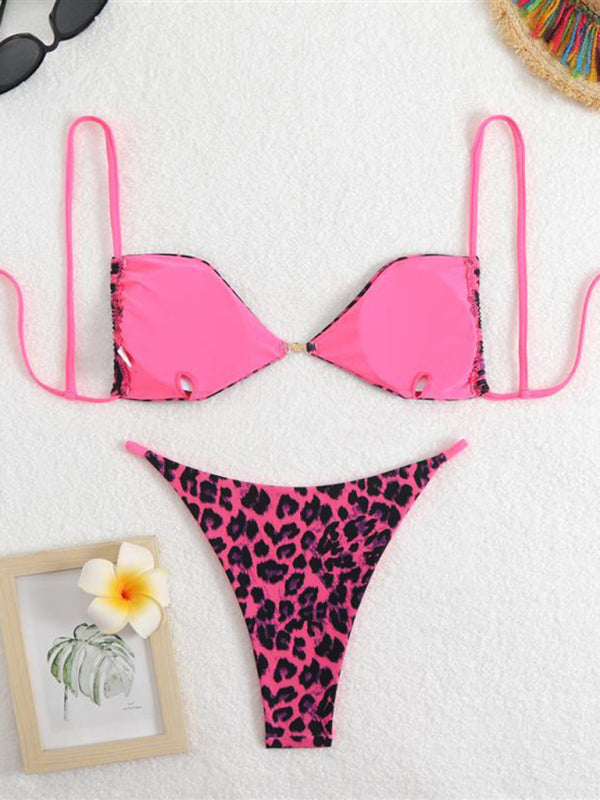 Bikinis - Three-point suspenders gathered leopard print sexy bikini
