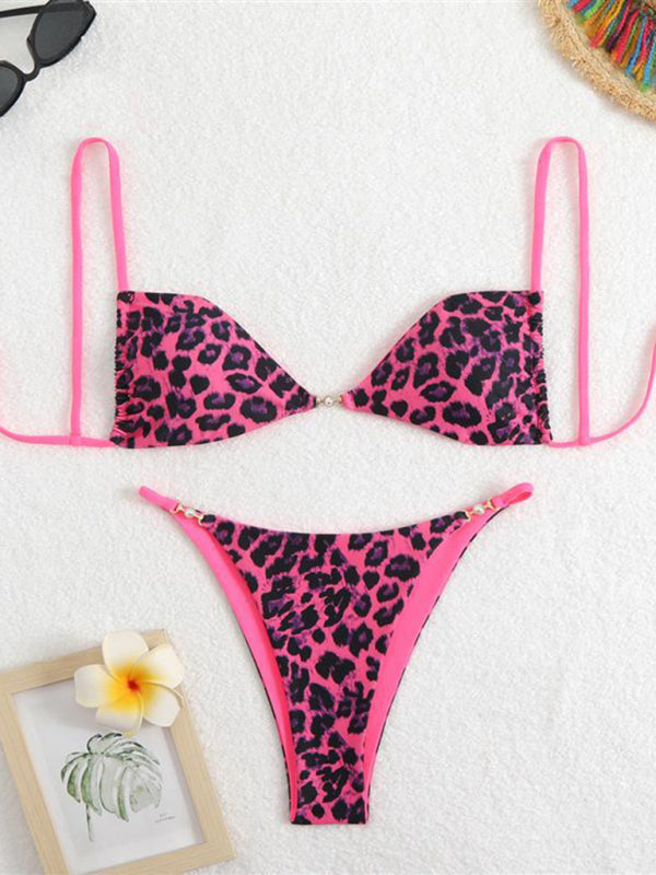 Bikinis - Three-point suspenders gathered leopard print sexy bikini
