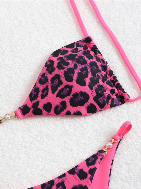 Bikinis - Three-point suspenders gathered leopard print sexy bikini