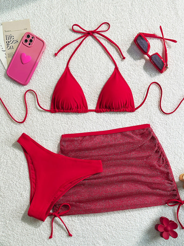 Bikinis - Solid color backless bikini three piece set