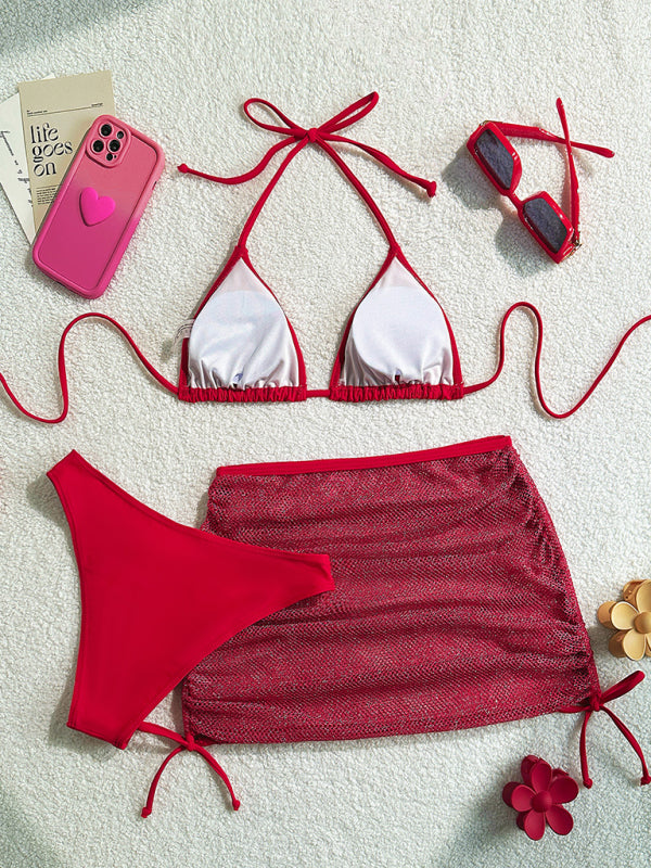 Bikinis - Solid color backless bikini three piece set