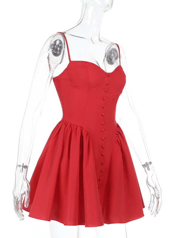 Fit and Flare Dresses - Sexy slim fit button design suspender tutu skirt