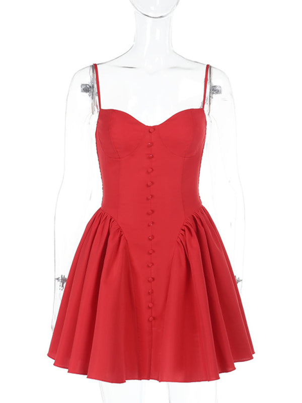 Fit and Flare Dresses - Sexy slim fit button design suspender tutu skirt