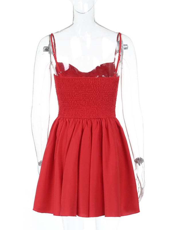 Fit and Flare Dresses - Sexy slim fit button design suspender tutu skirt