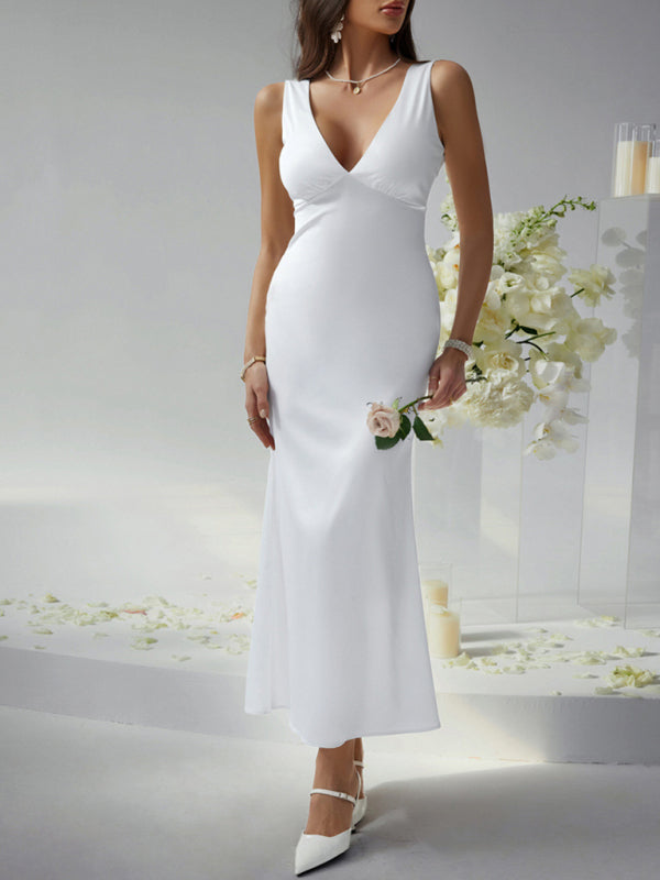 Party Dresses - Sexy solid color slim fit deep v backless evening dress long dress