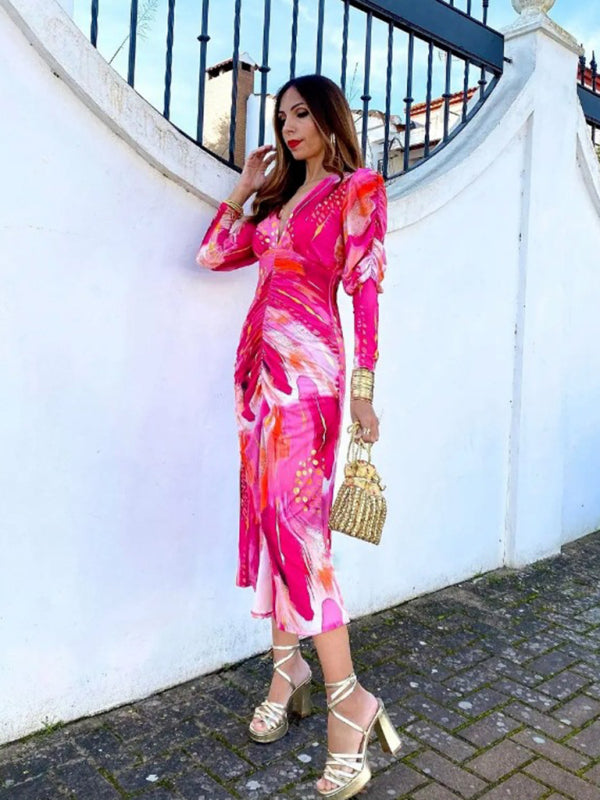 Maxi Dresses - Pleated Print Long Sleeve Dress