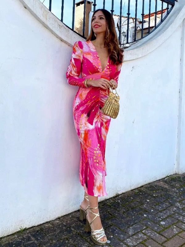 Maxi Dresses - Pleated Print Long Sleeve Dress