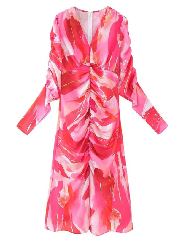 Maxi Dresses - Pleated Print Long Sleeve Dress