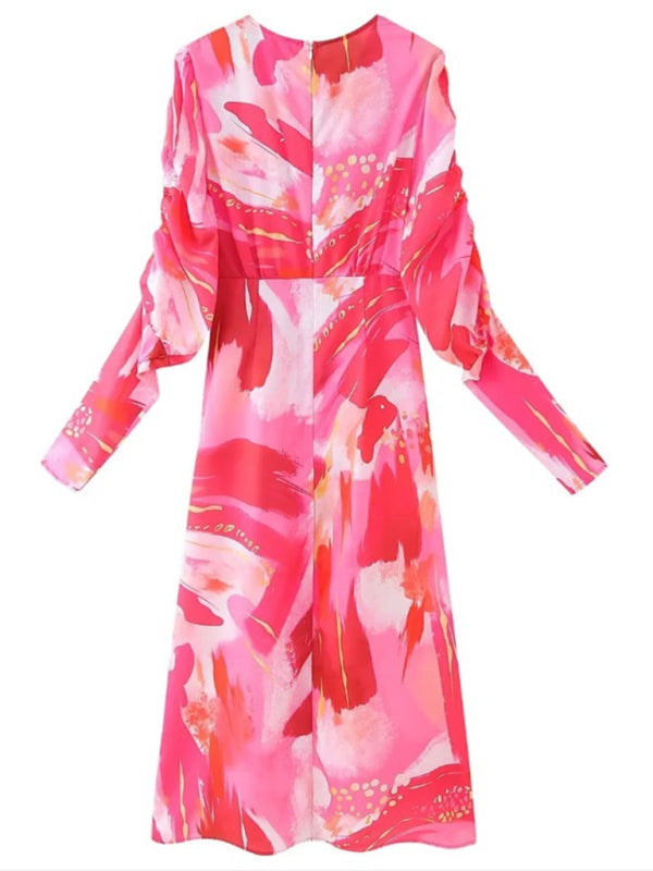 Maxi Dresses - Pleated Print Long Sleeve Dress