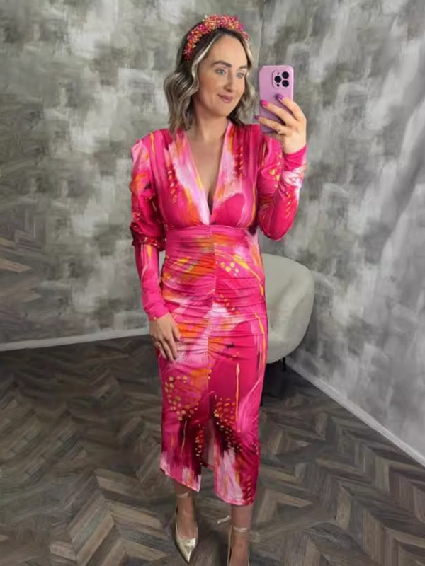 Maxi Dresses - Pleated Print Long Sleeve Dress