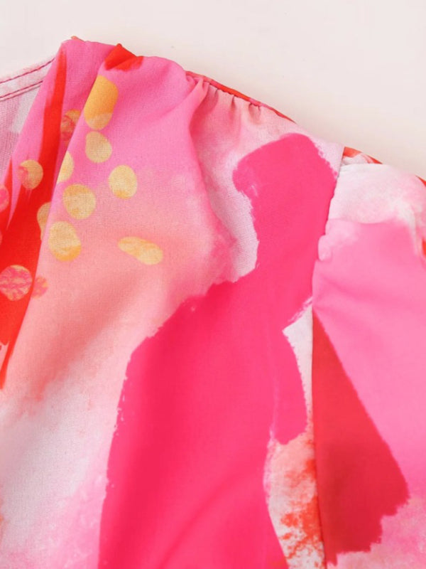 Maxi Dresses - Pleated Print Long Sleeve Dress