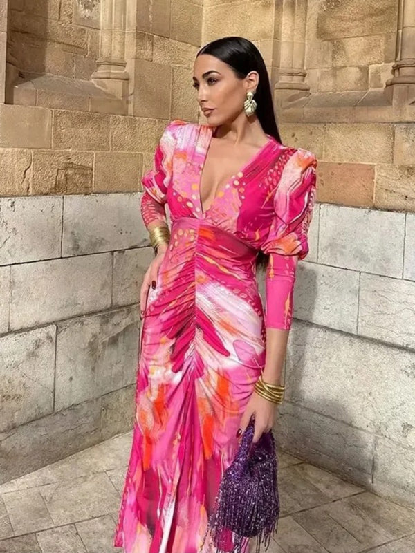 Maxi Dresses - Pleated Print Long Sleeve Dress