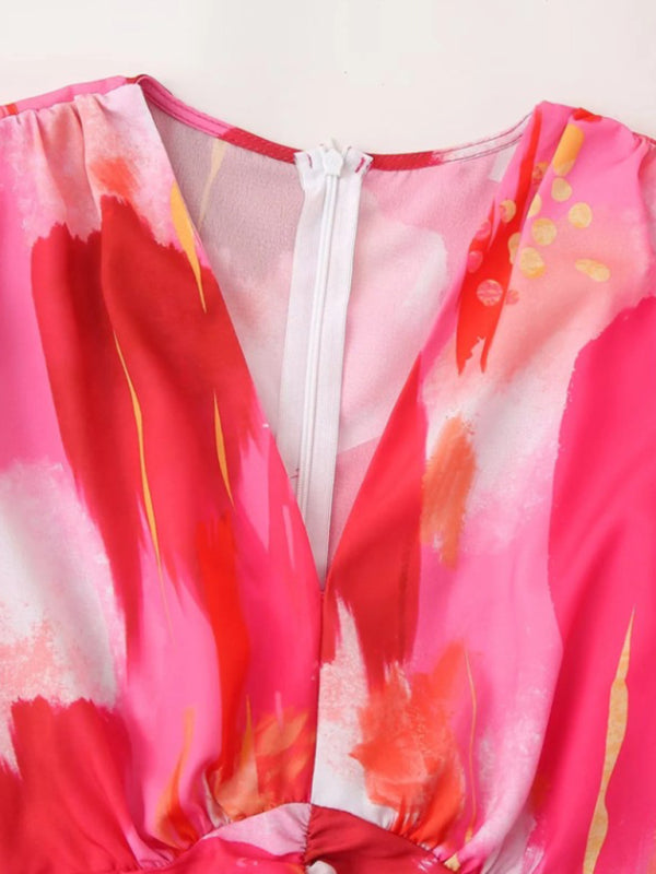 Maxi Dresses - Pleated Print Long Sleeve Dress