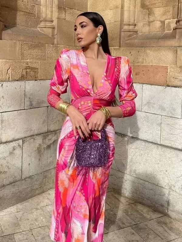 Maxi Dresses - Pleated Print Long Sleeve Dress