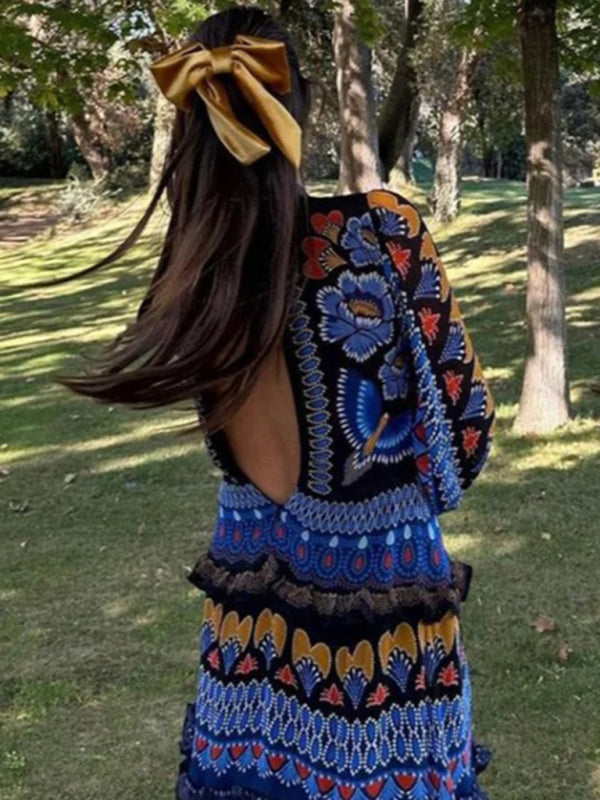 Maxi Dresses - Stand collar printed long sleeve dress