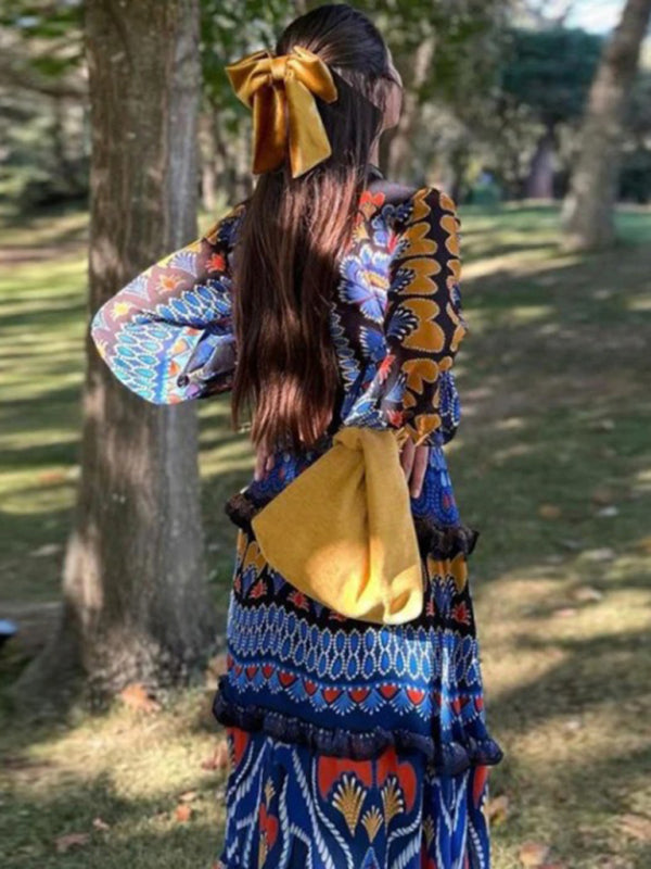 Maxi Dresses - Stand collar printed long sleeve dress