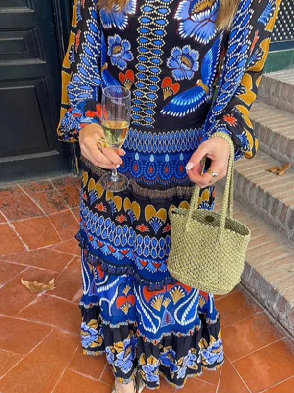 Maxi Dresses - Stand collar printed long sleeve dress