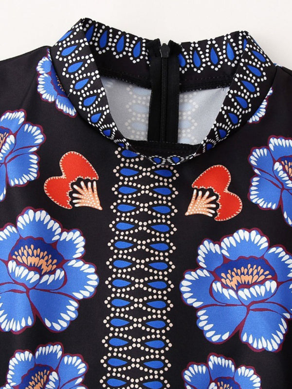 Maxi Dresses - Stand collar printed long sleeve dress