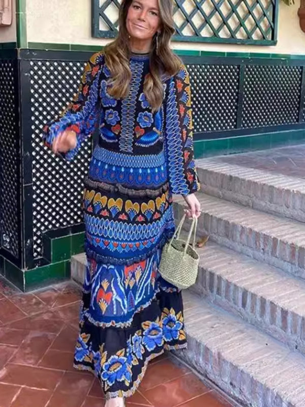 Maxi Dresses - Stand collar printed long sleeve dress