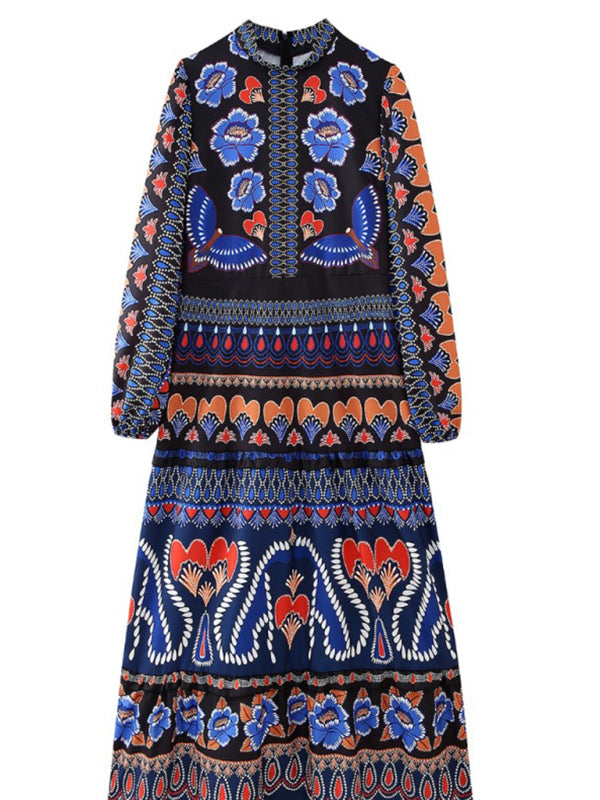 Maxi Dresses - Stand collar printed long sleeve dress