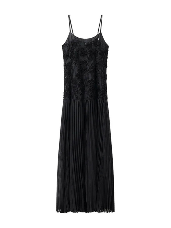 Elegant Dresses - Three-dimensional rose decorated ruffle stitching suspender dress