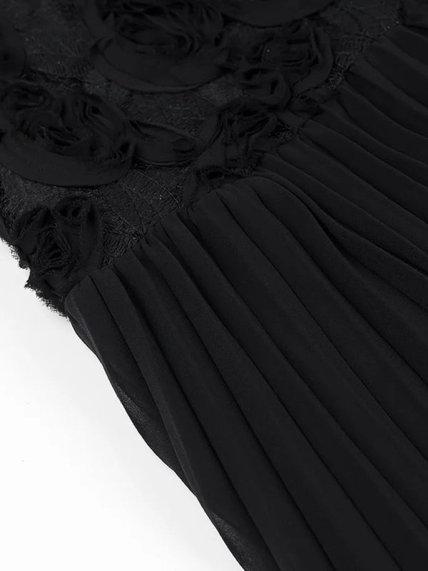 Elegant Dresses - Three-dimensional rose decorated ruffle stitching suspender dress