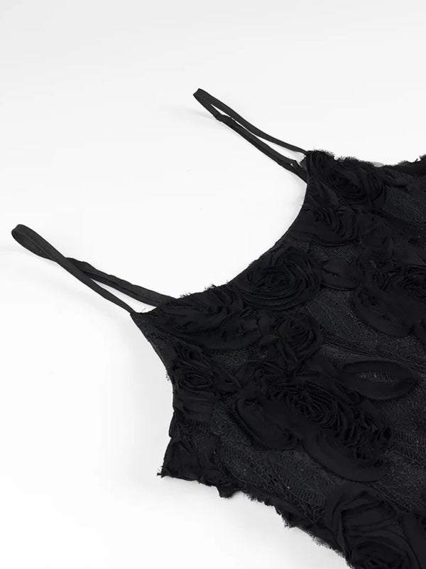 Elegant Dresses - Three-dimensional rose decorated ruffle stitching suspender dress