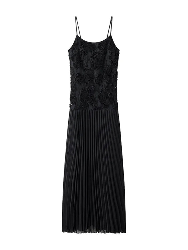 Elegant Dresses - Three-dimensional rose decorated ruffle stitching suspender dress