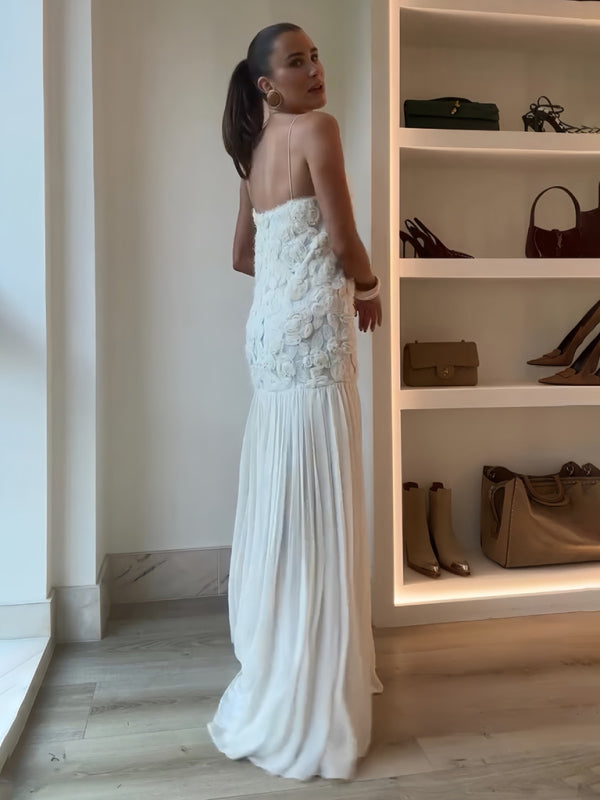 Elegant Dresses - Three-dimensional rose decorated ruffle stitching suspender dress