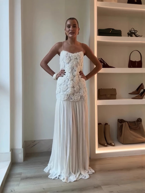 Elegant Dresses - Three-dimensional rose decorated ruffle stitching suspender dress