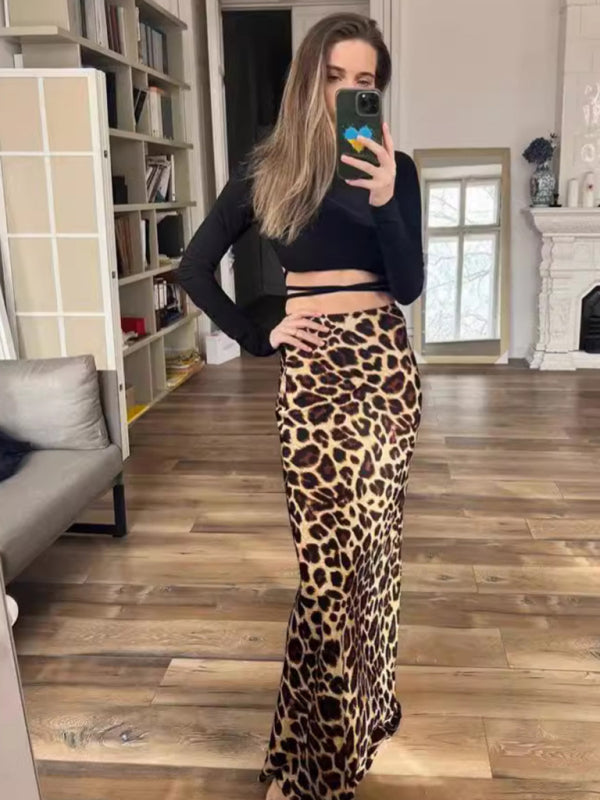 Long Skirts - Leopard print two-tone hip skirt