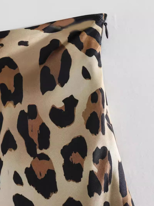 Long Skirts - Leopard print two-tone hip skirt