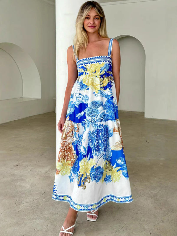 Vacation Dresses - Holiday style maxi dress with printed suspenders