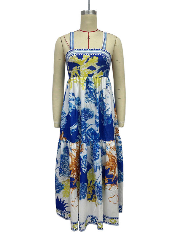 Vacation Dresses - Holiday style maxi dress with printed suspenders