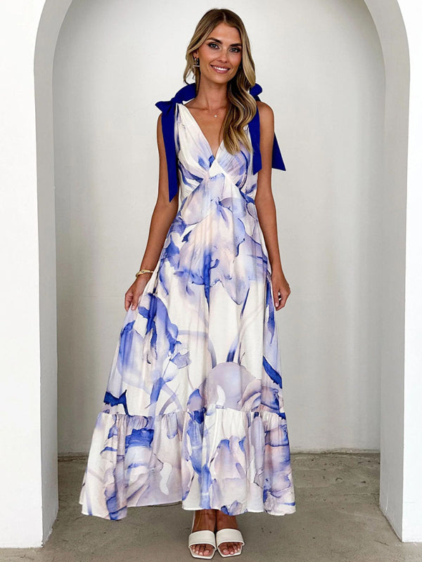 Elegant Dresses - Lace-up women's long dress V-neck sleeveless printed dress