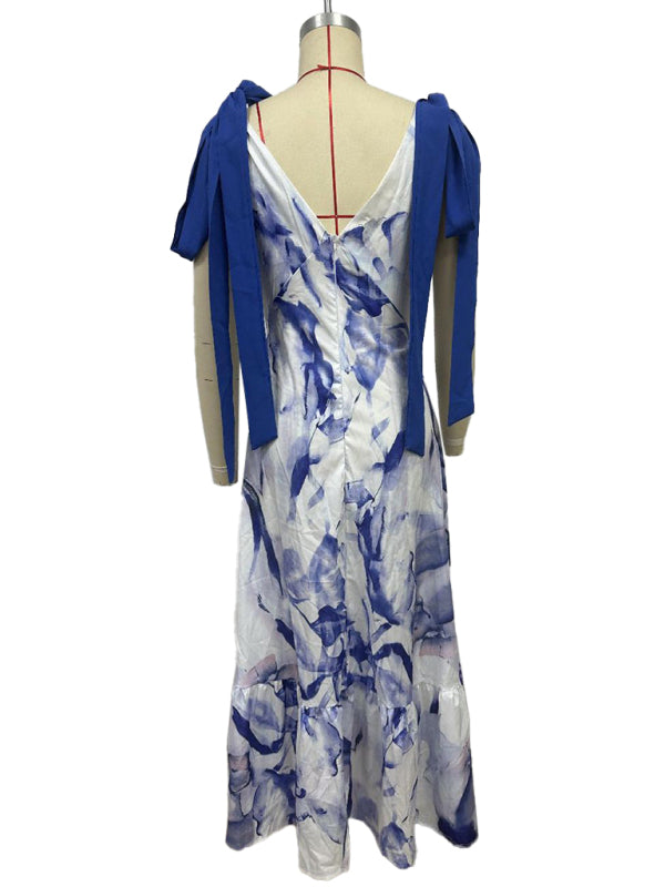 Elegant Dresses - Lace-up women's long dress V-neck sleeveless printed dress