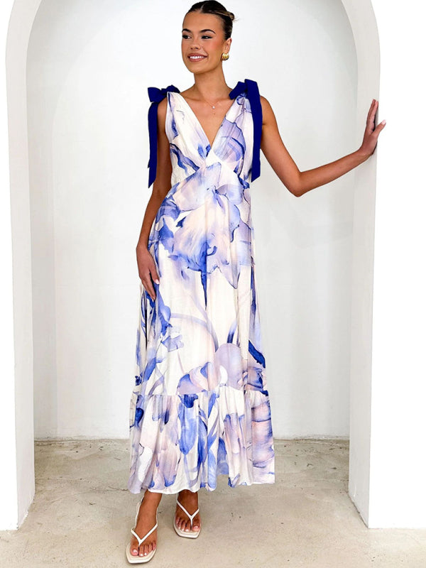 Elegant Dresses - Lace-up women's long dress V-neck sleeveless printed dress