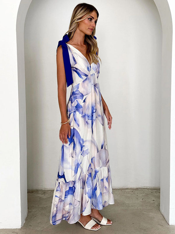 Elegant Dresses - Lace-up women's long dress V-neck sleeveless printed dress