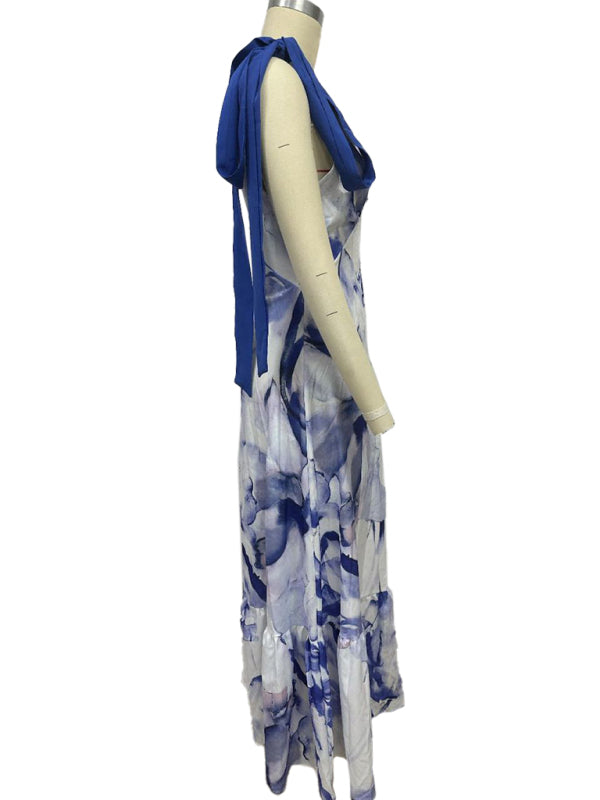 Elegant Dresses - Lace-up women's long dress V-neck sleeveless printed dress
