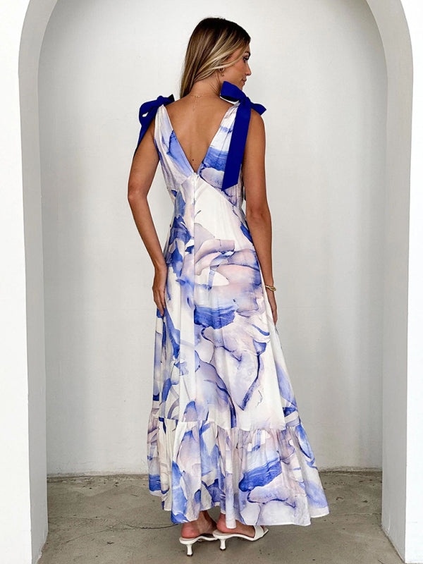 Elegant Dresses - Lace-up women's long dress V-neck sleeveless printed dress