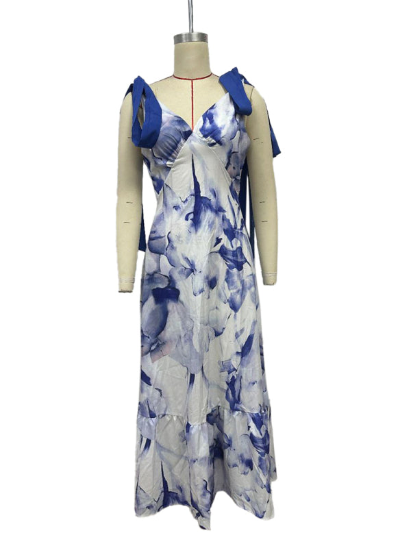 Elegant Dresses - Lace-up women's long dress V-neck sleeveless printed dress
