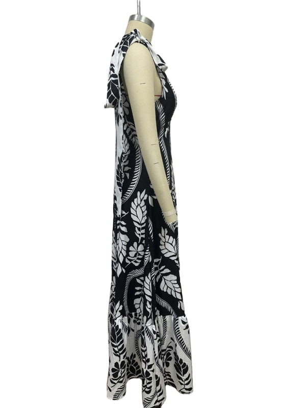 Elegant Dresses - Lace-up women's long dress V-neck sleeveless printed dress
