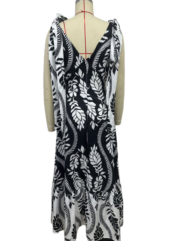 Elegant Dresses - Lace-up women's long dress V-neck sleeveless printed dress