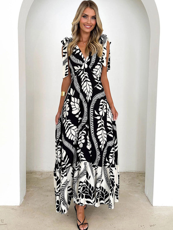 Elegant Dresses - Lace-up women's long dress V-neck sleeveless printed dress