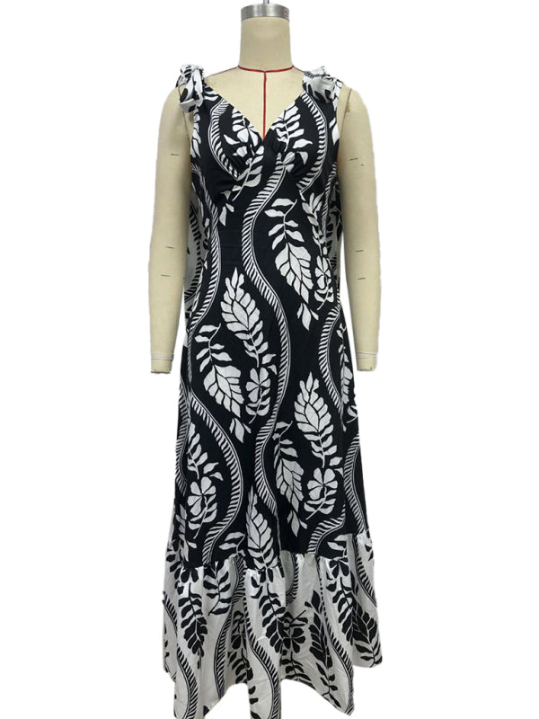 Elegant Dresses - Lace-up women's long dress V-neck sleeveless printed dress