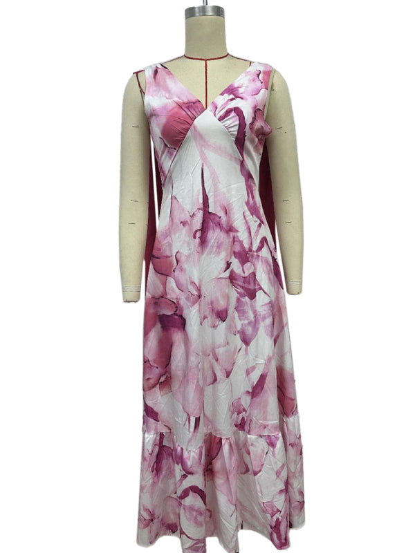 Elegant Dresses - Lace-up women's long dress V-neck sleeveless printed dress
