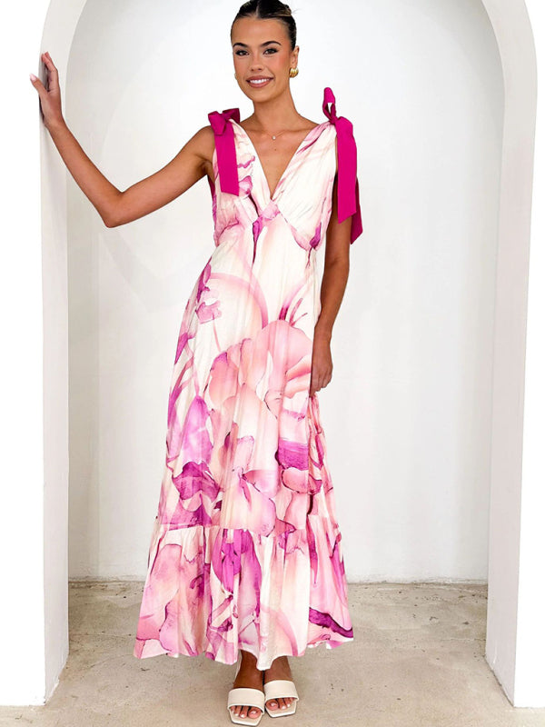 Elegant Dresses - Lace-up women's long dress V-neck sleeveless printed dress