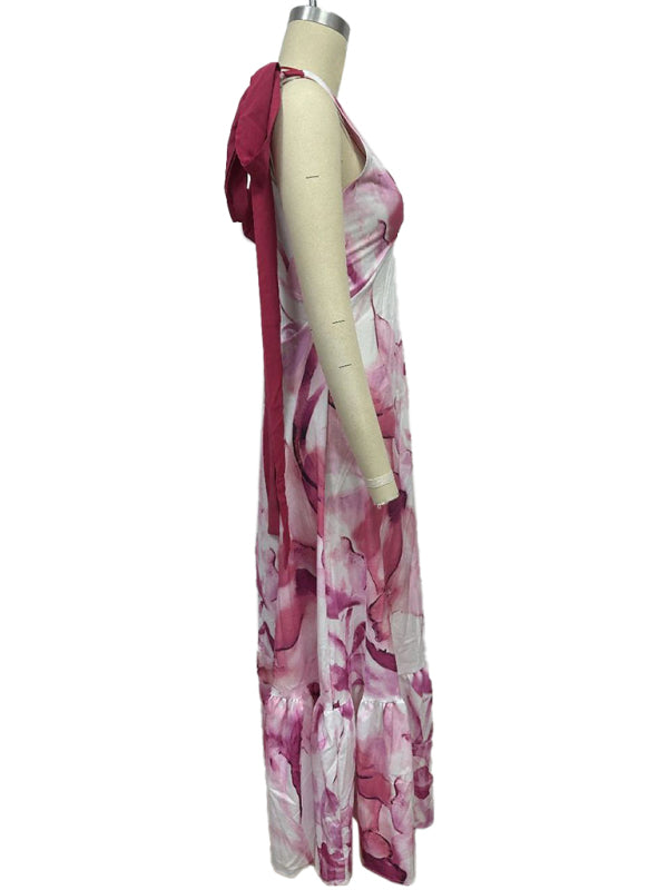 Elegant Dresses - Lace-up women's long dress V-neck sleeveless printed dress