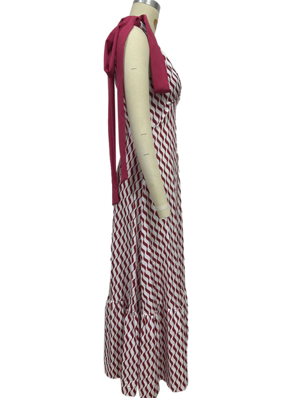 Elegant Dresses - Lace-up women's long dress V-neck sleeveless printed dress